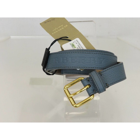BURBERRY THOMAS 25 DUSTY BLUE GRAIN LEATHER LOGO WOMEN'S GOLD BUCKLE BELT 80 32 - Picture 2 of 12